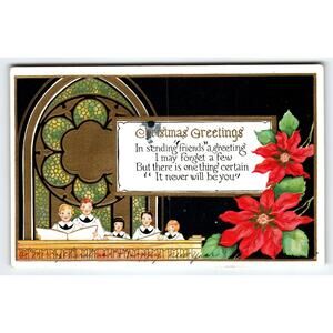 Vintage Christmas Postcard Choir Boys Poinsettias Stained Glass Art